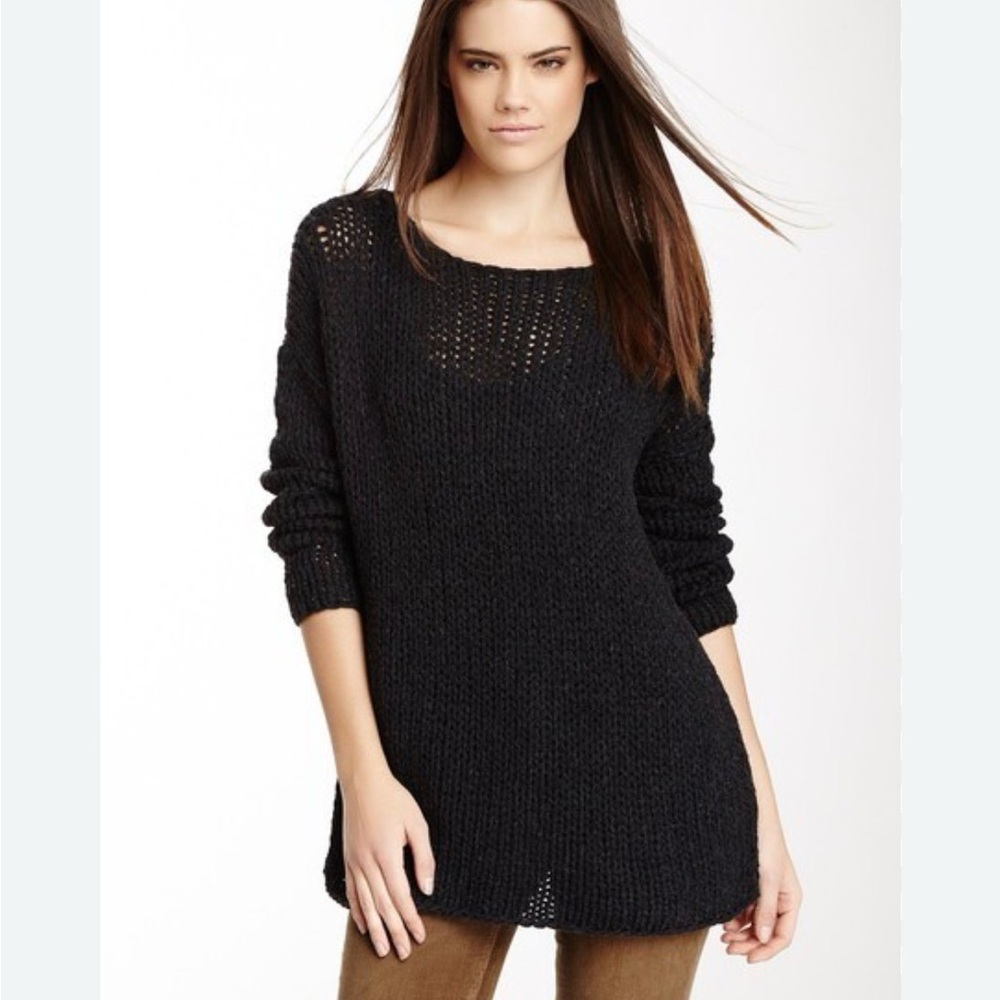 Vince charcoal Women's chunky knit boat neck drop shoulder long sleeve sweater